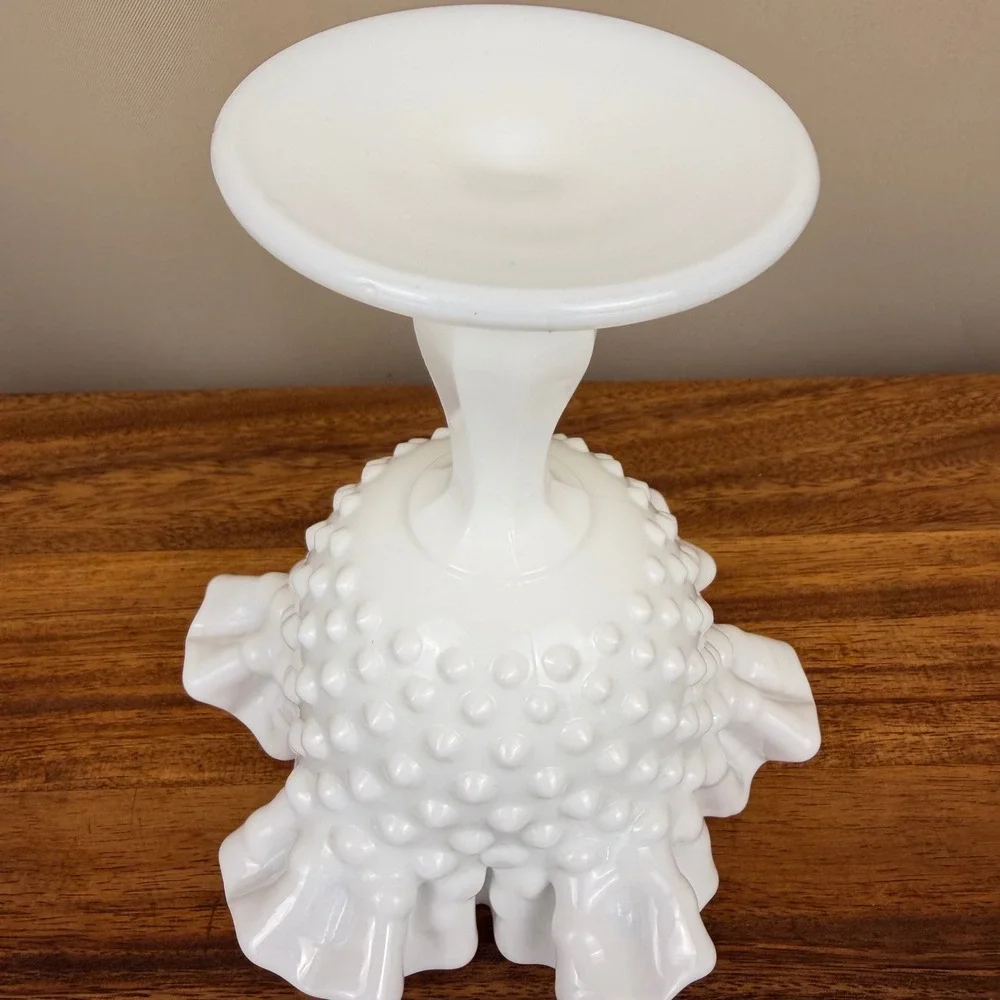 Fenton Milk Glass Hobnail Compote Ruffled Edge Pedestal Bowl Vintage Art Glass